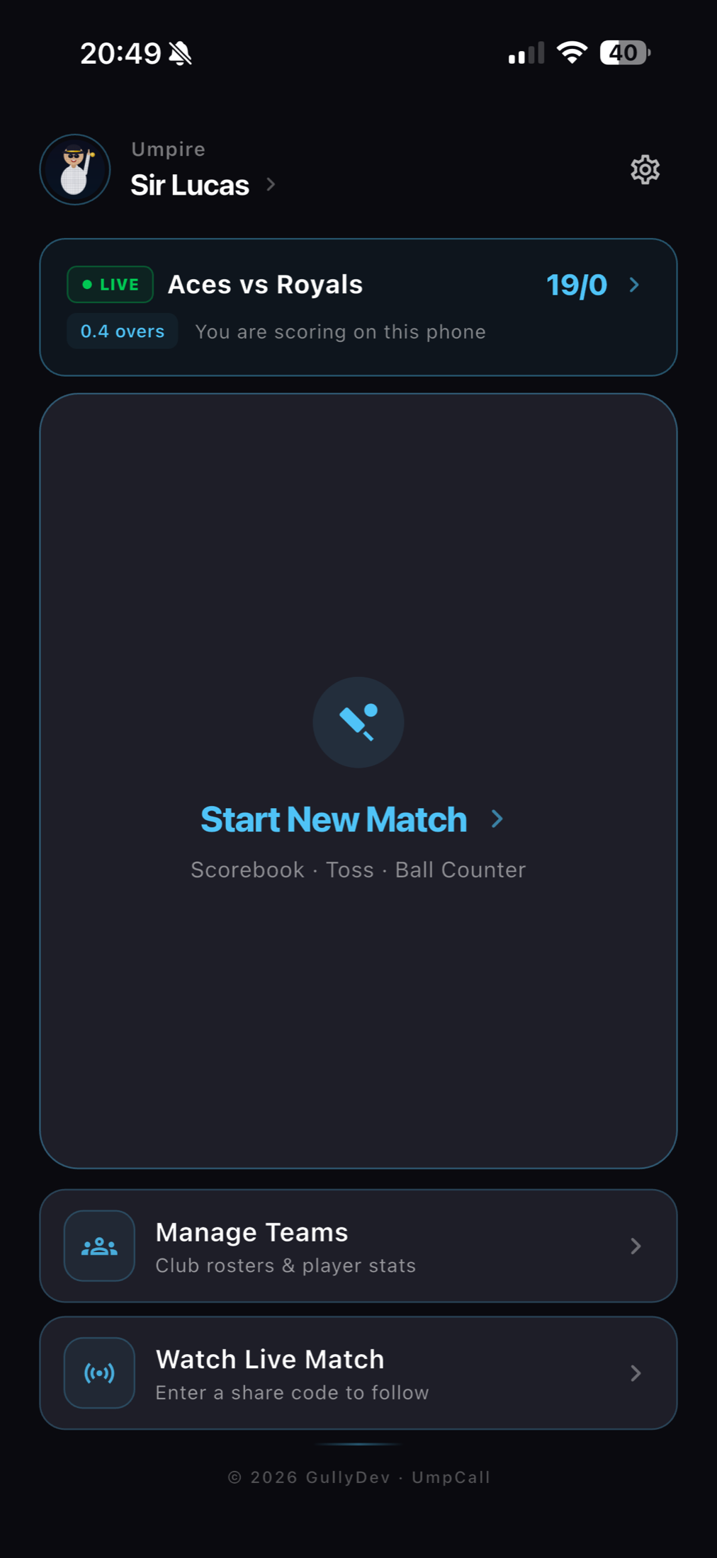 UmpCall home screen with active match