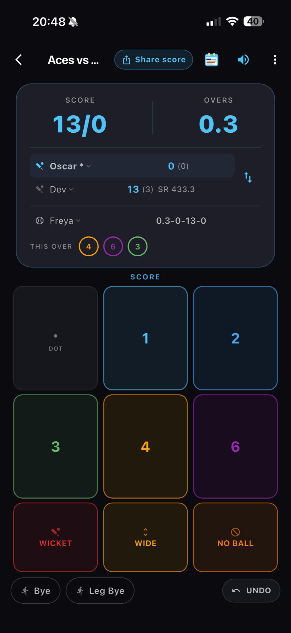 UmpCall scoring controls screen
